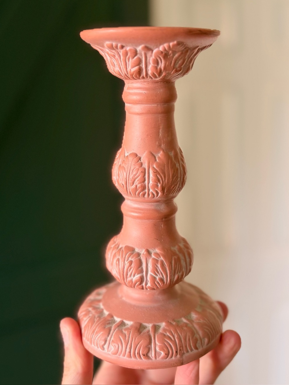 Decorative Terracotta-Style Carved Candle Holder - Coral Pink